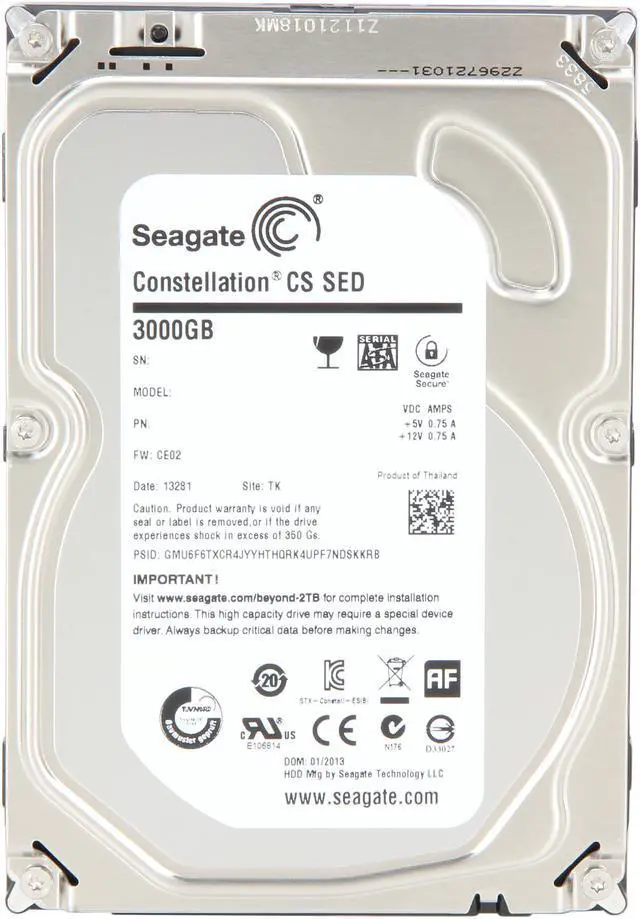 Alt view image 2 of 4 - Seagate Constellation CS ST3000NC000 3 TB 3.5" Internal Hard Drive - 6Gb/s SATA - 7200 rpm - 64 MB Buffer - Secure Erase - Hot Pluggable