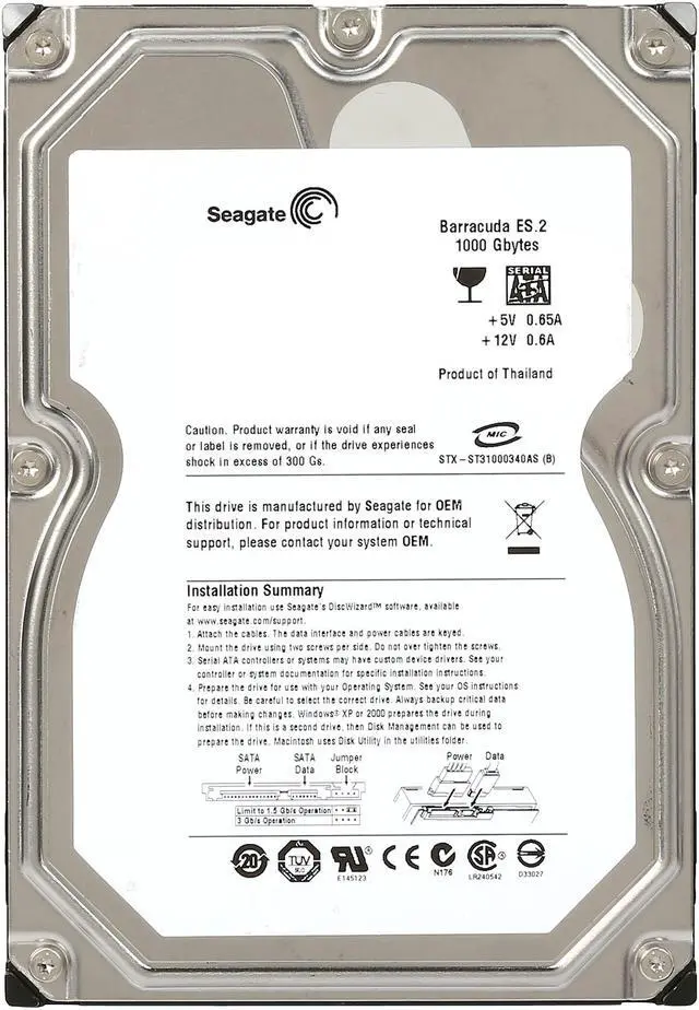 Alt view image 2 of 5 - Seagate BarraCuda ES.2 ST31000340NS 1TB 7200 RPM 32MB Cache SATA 3.0Gb/s 3.5" Internal Hard Drive -Manufacture Recertified Bare Drive
