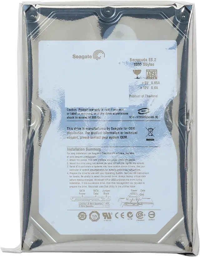 Alt view image 5 of 5 - Seagate BarraCuda ES.2 ST31000340NS 1TB 7200 RPM 32MB Cache SATA 3.0Gb/s 3.5" Internal Hard Drive -Manufacture Recertified Bare Drive
