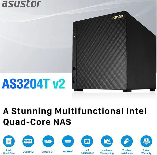 Alt view image 2 of 6 - Asustor AS3204T v2, 4-Bay NAS (Diskless), Intel Celeron 1.6 GHz Quad-Core, 2GB RAM, Personal Cloud NAS