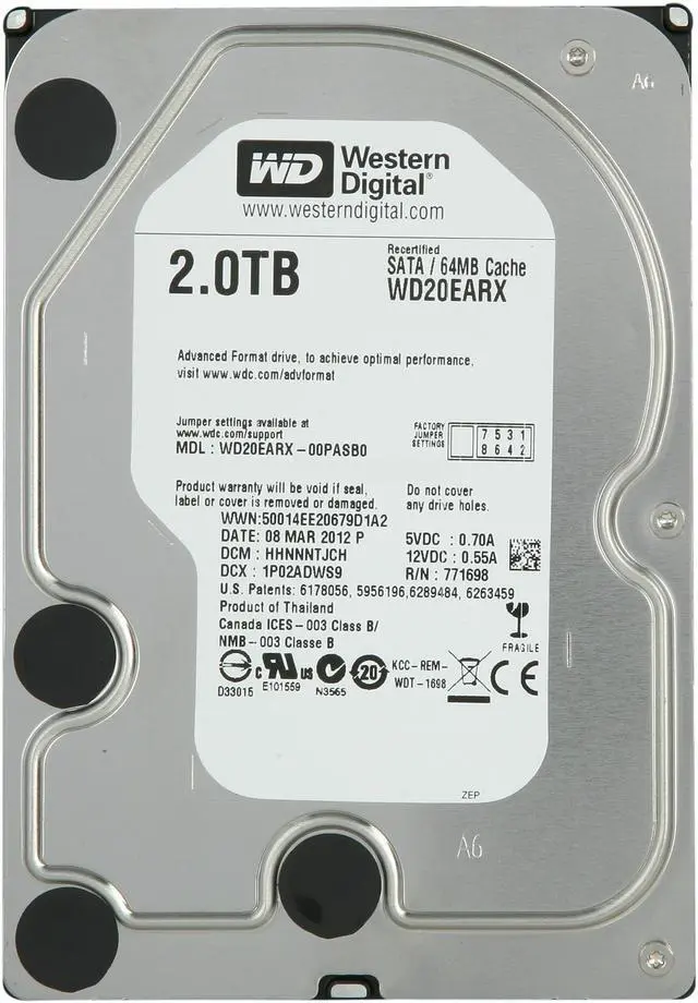 Alt view image 2 of 4 - WD WD Green WD20EARX 2TB IntelliPower 64MB Cache SATA 6.0Gb/s 3.5" Internal Hard Drive -Manufacture Recertified Bare Drive