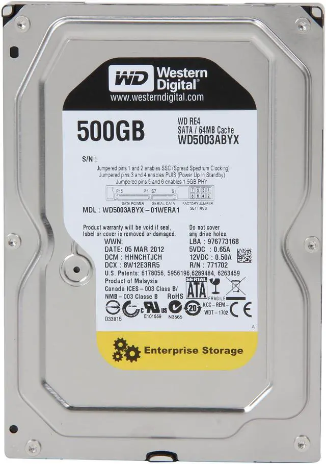 Alt view image 2 of 4 - WD WD RE4 WD5003ABYX 500GB 7200 RPM 64MB Cache SATA 3.0Gb/s 3.5" Internal Hard Drive Bare Drive