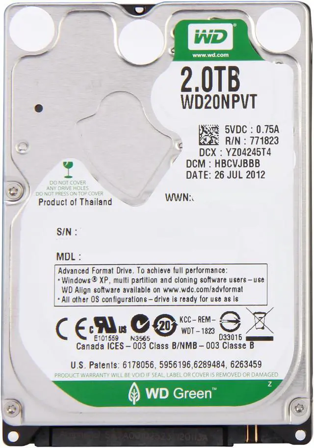 Alt view image 3 of 6 - Western Digital Green WD20NPVT 2TB IntelliPower 8MB Cache SATA 3.0Gb/s 2.5" Internal Hard Drive Bare Drive