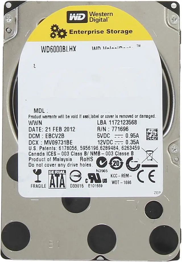 Alt view image 2 of 5 - Western Digital WD Internal Drive VelociRaptor WD6000BLHX 600GB 10000 RPM 32MB Cache SATA 6.0Gb/s 2.5" Drive Only-Grade A Recertified