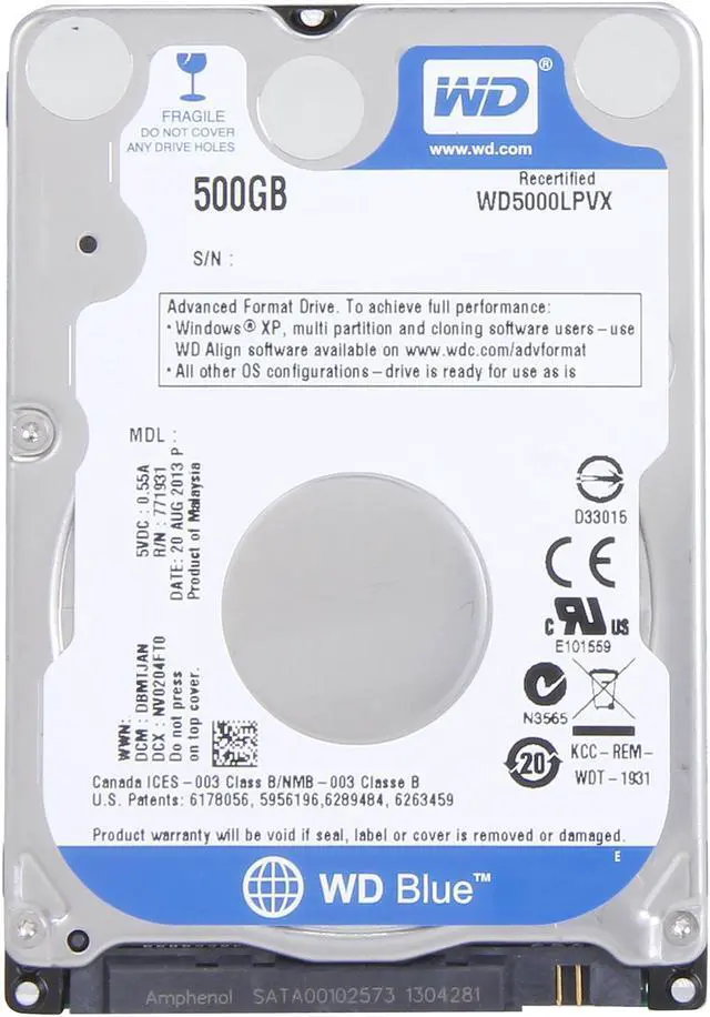 Alt view image 2 of 4 - WD Blue WD5000LPVX 500GB 5400 RPM 8MB Cache SATA 6.0Gb/s 2.5" Internal Notebook Hard Drive Bare Drive-Factory Recertified