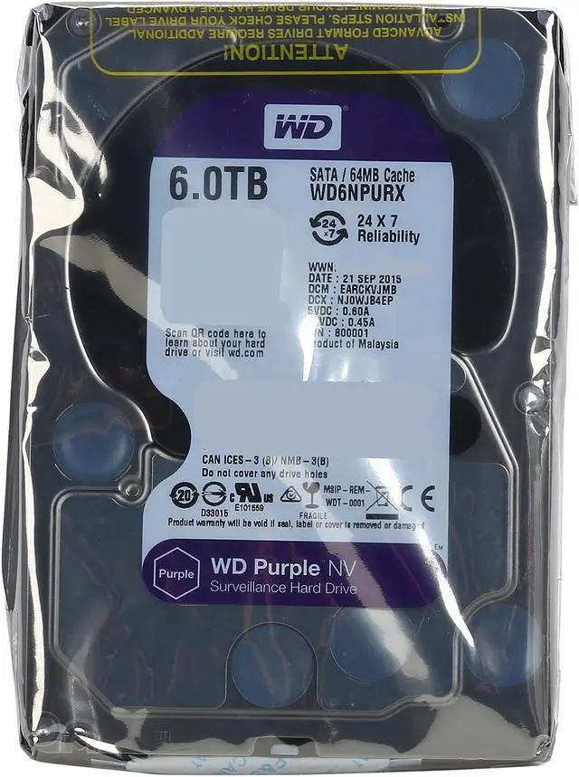 Alt view image 7 of 6 - WD Purple NV 6TB Surveillance Hard Disk Drive - 5400 RPM Class SATA 6Gb/s 64MB Cache 3.5 Inch - WD6NPURX