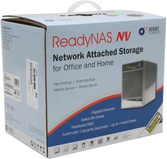 Alt view image 4 of 4 - Infrant ReadyNAS NV RNV1-S2-0000, no pre-installed HDD with 4 empty disk trays, support X-RAID and RAID 0/1/5, 256MB memory, Silver, SFF desktop