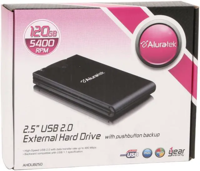 Alt view image 6 of 6 - Aluratek Tornado 120GB USB 2.0 2.5" External Hard Drive With Push Button Auto Backup AHDUB250120