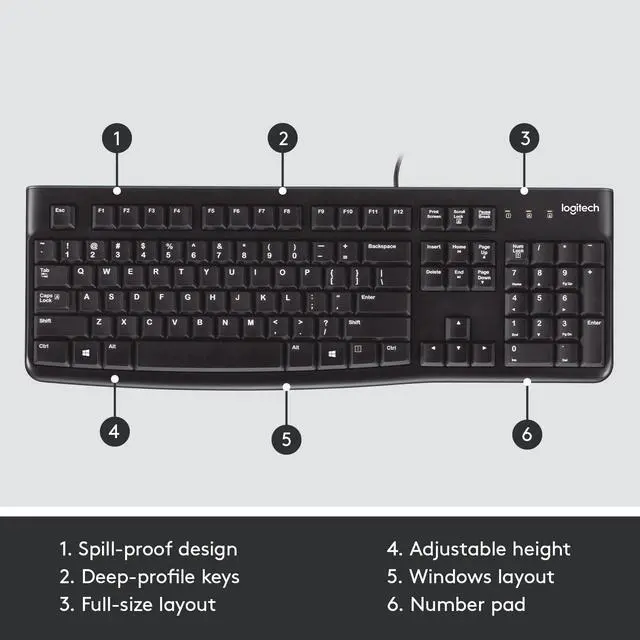 Alt view image 6 of 7 - Logitech K120 Wired Keyboard for Windows, Plug and Play, Full-Size, Spill-Resistant, Curved Space Bar, Compatible with PC, Laptop - Black