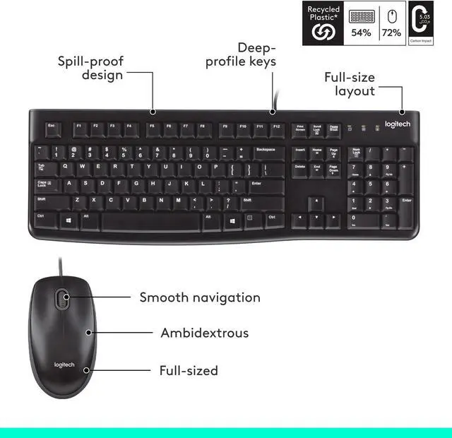 Alt view image 7 of 9 - Logitech MK120 Wired Keyboard and Mouse Combo for Windows, Optical Wired Mouse, Full-Size Keyboard, USB Plug-and-Play, Compatible with PC, Laptop - Black