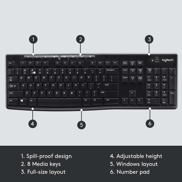 Alt view image 6 of 8 - Logitech K270 Wireless Keyboard for Windows, 2.4 GHz Wireless, Full-Size, Number Pad, 8 Multimedia Keys, 2-Year Battery Life, Compatible with PC, Laptop