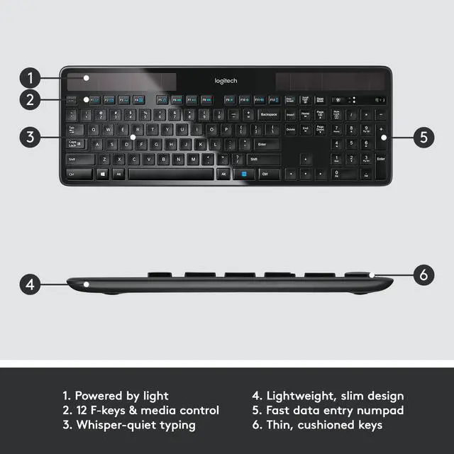 Alt view image 7 of 8 - Logitech K750 Wireless Solar Keyboard for Windows, 2.4GHz Wireless with USB Unifying Receiver, Ultra-Thin, Compatible with PC, Laptop - Black