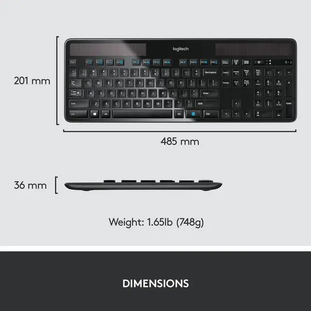Alt view image 8 of 8 - Logitech K750 Wireless Solar Keyboard for Windows, 2.4GHz Wireless with USB Unifying Receiver, Ultra-Thin, Compatible with PC, Laptop - Black