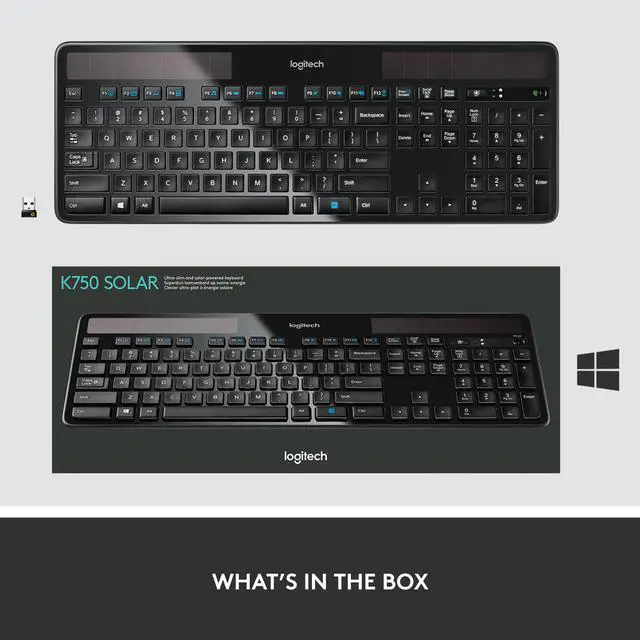 Alt view image 9 of 8 - Logitech K750 Wireless Solar Keyboard for Windows, 2.4GHz Wireless with USB Unifying Receiver, Ultra-Thin, Compatible with PC, Laptop - Black