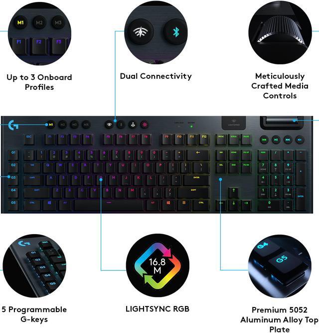 Alt view image 6 of 9 - Logitech G915 LIGHTSPEED RGB Mechanical Gaming Keyboard, Low Profile Clicky Key Switch, LIGHTSYNC RGB, Advanced LIGHTSPEED Wireless and Bluetooth Support - Clicky
