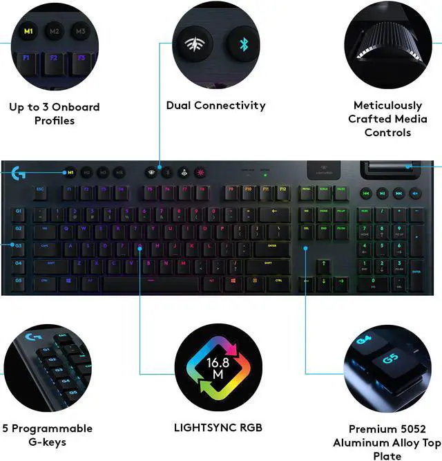 Alt view image 6 of 9 - Logitech G915 LIGHTSPEED RGB Mechanical Gaming Keyboard, Low Profile GL Tactile Key Switch, LIGHTSYNC RGB, Advanced LIGHTSPEED Wireless and Bluetooth Support - Tactile