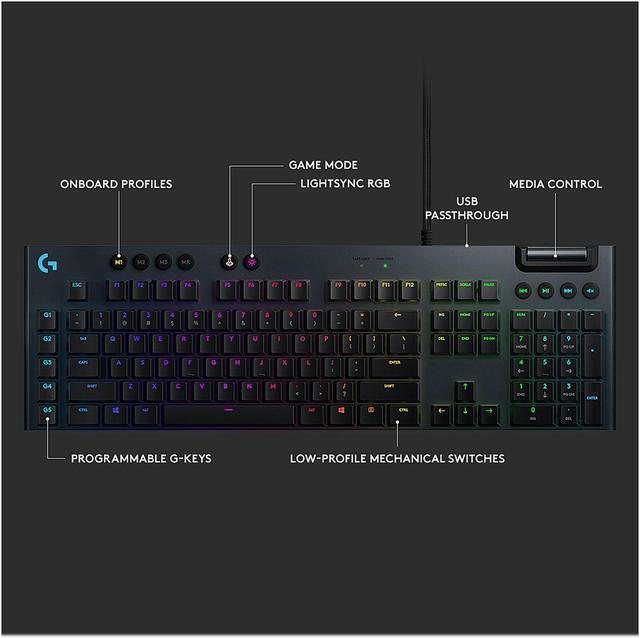 Alt view image 9 of 12 - Logitech G815 LIGHTSYNC RGB Mechanical Gaming Keyboard with Low Profile GL Clicky key switch, 5 programmable G-keys, USB Passthrough, dedicated media control - Clicky – Black