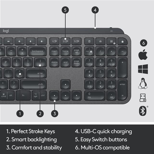 Alt view image 10 of 13 - Logitech MX Keys Advanced Wireless Illuminated Keyboard, Backlighting, Bluetooth, USB-C, Apple macOS, Microsoft Windows, Linux, iOS, Android, Metal Build - Black
