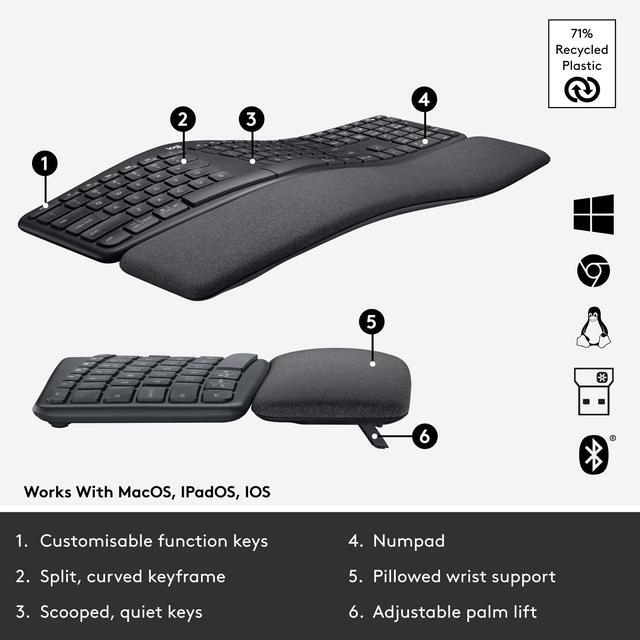 Alt view image 7 of 13 - Logitech ERGO K860 Wireless Ergonomic Keyboard - Split Keyboard, Wrist Rest, Natural Typing, Stain-Resistant Fabric, Bluetooth and USB Connectivity, Compatible with Windows/Mac