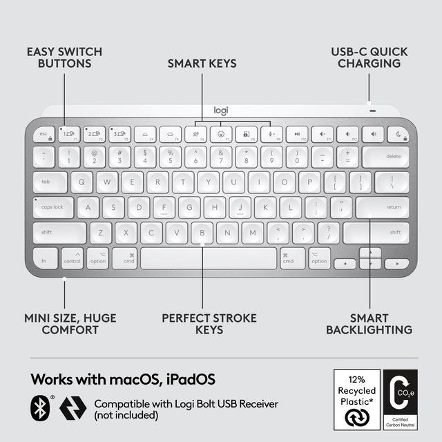 Alt view image 6 of 12 - Logitech MX Keys Mini for Mac Minimalist Wireless Keyboard, Compact, Bluetooth, Backlit Keys, USB-C, Tactile Typing, Compatible with MacBook Pro, Macbook Air, iMac, iPad