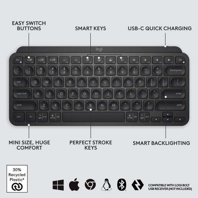 Alt view image 3 of 12 - Logitech MX Keys Mini Minimalist Wireless Illuminated Keyboard, Compact, Bluetooth, Backlit, USB-C, Compatible with Apple macOS, iOS, Windows, Linux, Android, Metal Build - BLACK