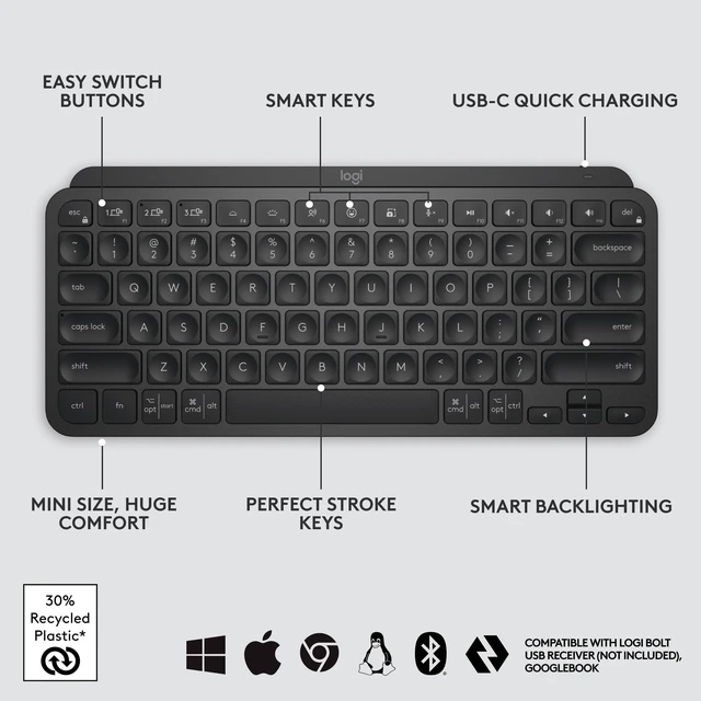 Alt view image 10 of 11 - Logitech MX Keys Mini Minimalist Wireless Illuminated Keyboard, Compact, Bluetooth, Backlit, USB-C, Compatible with Apple macOS, iOS, Windows, Linux, Android, Metal Build - BLACK