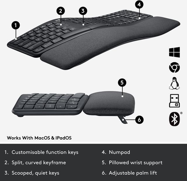 Alt view image 6 of 8 - Logitech Ergo K860 Split Wireless Keyboard for Business - Ergonomic Design, Secured Logi Bolt Technology, Bluetooth, Globally Certified, Windows/Mac/Chrome/Linux - Graphite