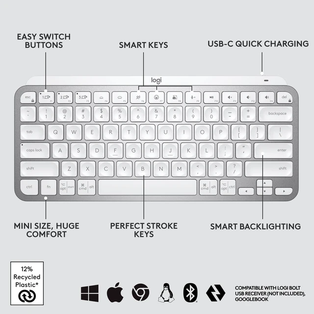 Alt view image 10 of 12 - Logitech MX Keys Mini Minimalist Wireless Illuminated Keyboard, Compact, Bluetooth, USB-C, for Apple macOS, iOS, Windows, Linux, Android - Pale Gray - With Free Adobe Creative Cloud Subscription