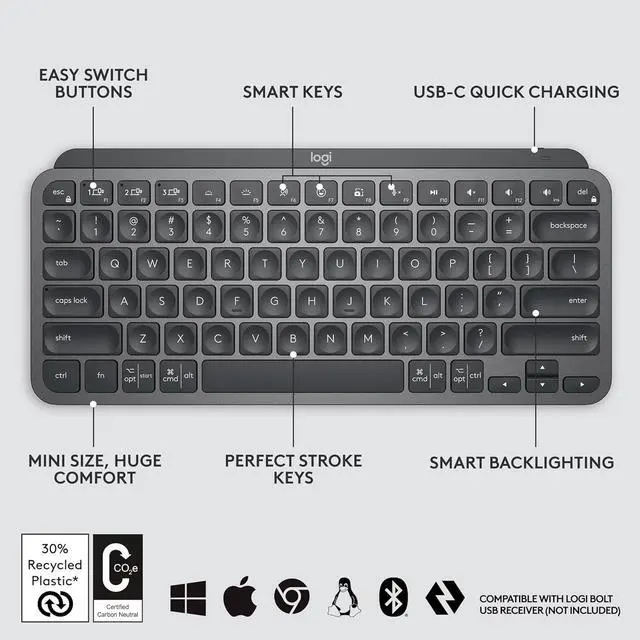 Alt view image 2 of 10 - Logitech MX Keys Mini Wireless Illuminated Keyboard for Business, Compact, Logi Bolt Technology, Backlit, Rechargeable, Globally Certified, Windows/Mac/Chrome/Linux - Graphite