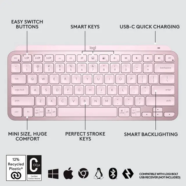 Alt view image 6 of 12 - Logitech MX Keys Mini Minimalist Wireless Illuminated Keyboard, Compact, Bluetooth, USB-C, for Apple macOS, iOS, Windows, Linux, Android - Rose - With Free Adobe Creative Cloud Subscription