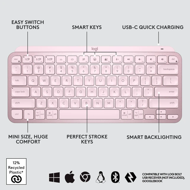 Alt view image 10 of 11 - Logitech MX Keys Mini Minimalist Wireless Illuminated Keyboard, Compact, Bluetooth, Backlit, USB-C, Compatible with Apple macOS, iOS, Windows, Linux, Android, Metal Build - Rose