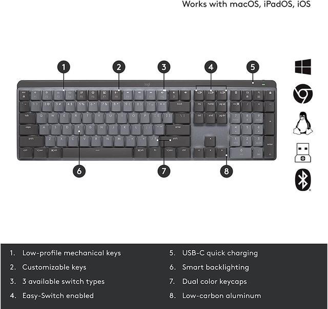 Alt view image 2 of 10 - Logitech MX Mechanical Wireless Illuminated Performance Keyboard, Clicky Switches, Backlit Keys, Bluetooth, USB-C, macOS, Windows, Linux, iOS, Android, Graphite