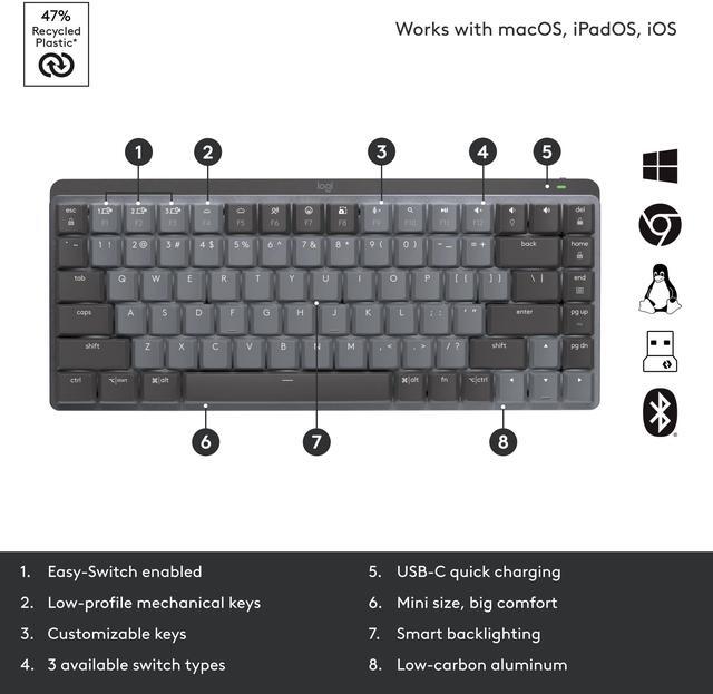 Alt view image 10 of 13 - Logitech MX Mechanical Mini Wireless Illuminated Keyboard, Tactile Quiet Switches, Backlit, Bluetooth, USB-C, macOS, Windows, Linux, iOS, Android, Graphite