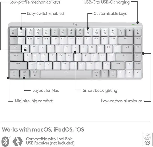 Alt view image 4 of 12 - Logitech MX Mechanical Mini for Mac Wireless Illuminated Keyboard, Low-Profile Performance Switches, Tactile Quiet Keys, Backlit, Bluetooth, USB-C, Apple, iPad