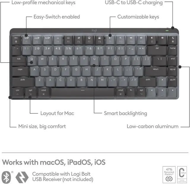 Alt view image 6 of 11 - Logitech MX Mechanical Mini for Mac Wireless Illuminated Keyboard, Low-Profile Performance Switches, Tactile Quiet Keys, Backlit, Bluetooth, USB-C, Apple, iPad - Space Grey