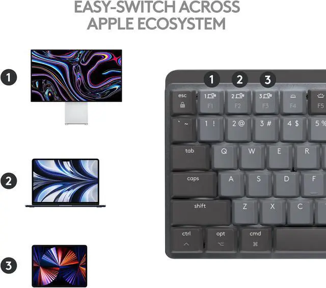 Alt view image 8 of 11 - Logitech MX Mechanical Mini for Mac Wireless Illuminated Keyboard, Low-Profile Performance Switches, Tactile Quiet Keys, Backlit, Bluetooth, USB-C, Apple, iPad - Space Grey