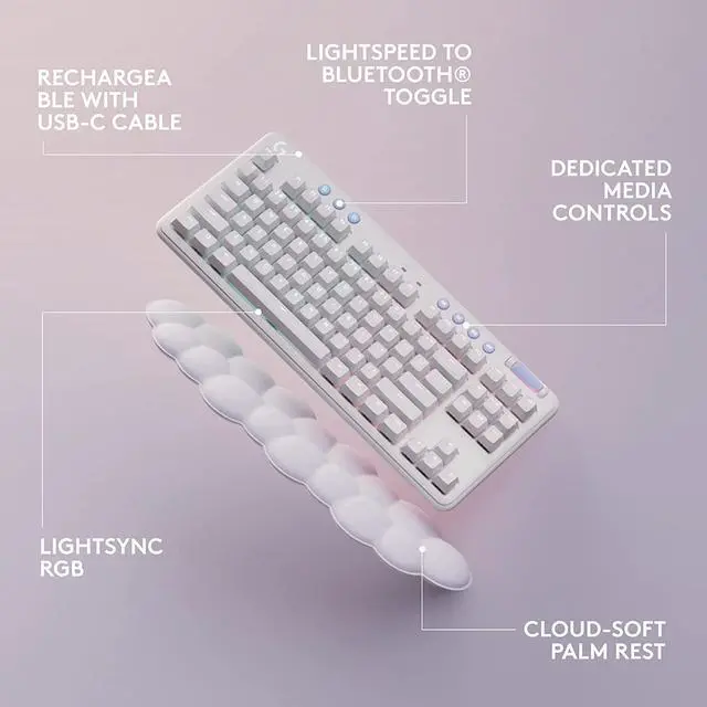 Alt view image 6 of 7 - Logitech G715 Wireless Mechanical Gaming Keyboard with LIGHTSYNC RGB, LIGHTSPEED, Linear Switches (GX Red), and Keyboard Palm Rest, PC/Mac Compatible - White Mist