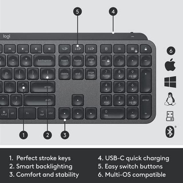 Alt view image 9 of 10 - Logitech MX Keys Combo for Business , Gen 2, Full Size Wireless Keyboard and Wireless Mouse, with Keyboard Palm Rest, Bluetooth, Logi Bolt, Quiet Clicks, Windows/Mac/Chrome/Linux - Graphite