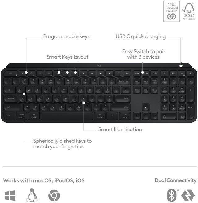 Alt view image 8 of 9 - Logitech MX Keys S Wireless Keyboard, Low Profile, Fluid Precise Quiet Typing, Programmable Keys, Backlighting, Bluetooth, USB C Rechargeable, for Windows PC, Linux, Chrome, Mac (Black)