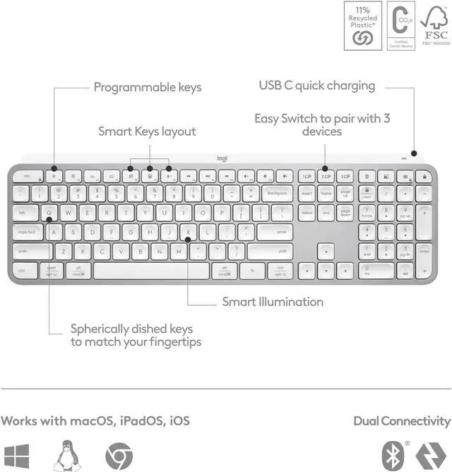 Alt view image 6 of 10 - Logitech MX Keys S Wireless Keyboard, Low Profile, Fluid Precise Quiet Typing, Programmable Keys, Backlighting, Bluetooth, USB C Rechargeable, for Windows PC, Linux, Chrome, Mac (Pale Grey)