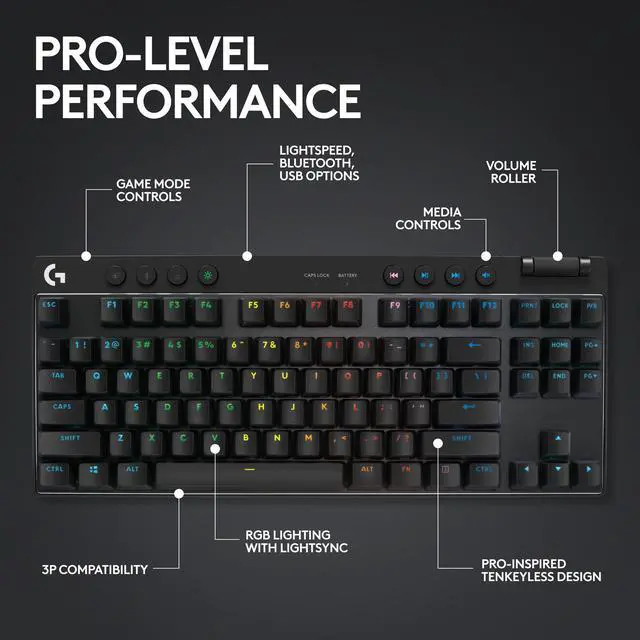 Alt view image 5 of 8 - Logitech G PRO X TKL Lightspeed Wireless Gaming Keyboard, Ultra-Portable Tenkeyless Design, LIGHTSYNC RGB, PBT keycaps, Tactile Switches (GX Brown) - Black