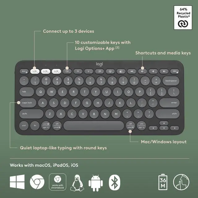 Alt view image 4 of 9 - Logitech Pebble Keys 2 K380s, Multi-Device Bluetooth Wireless Keyboard with Customizable Shortcuts, Slim and Portable, Easy-Switch for Windows, macOS, iPadOS, Android, Chrome OS - Tonal Graphite