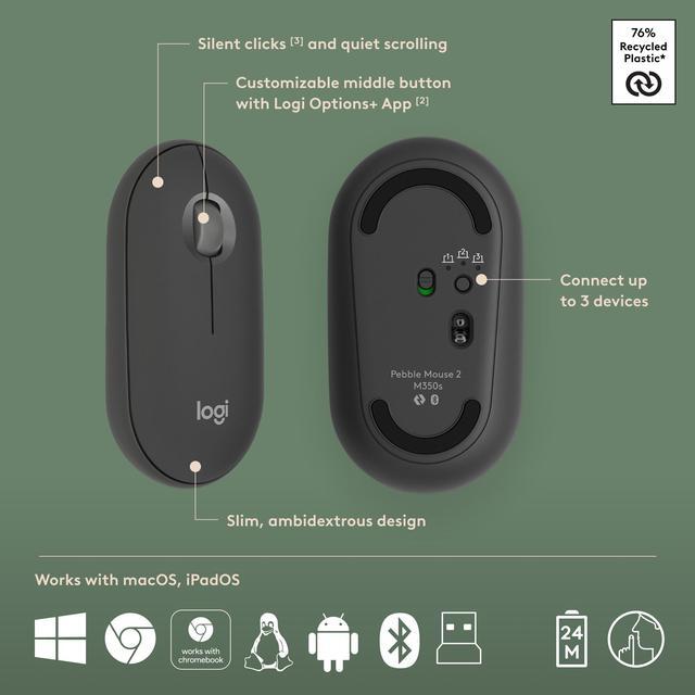 Alt view image 4 of 11 - Logitech Pebble 2 Combo Wireless Quiet Keyboard and Mouse, Customisable, Logi Bolt, Bluetooth, Easy-Switch for Windows, macOS, iPadOS, Chrome - Tonal Graphite