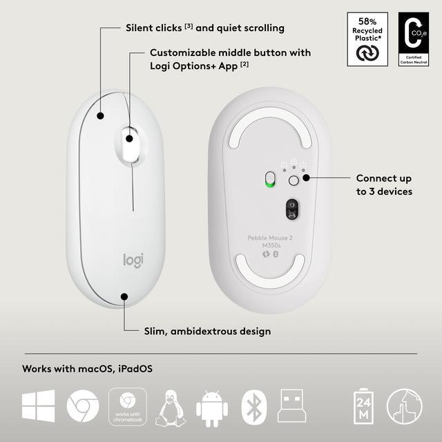 Alt view image 7 of 11 - Logitech Pebble 2 Combo Wireless Quiet Keyboard and Mouse, Customisable, Logi Bolt, Bluetooth, Easy-Switch for Windows, macOS, iPadOS, Chrome - Tonal White