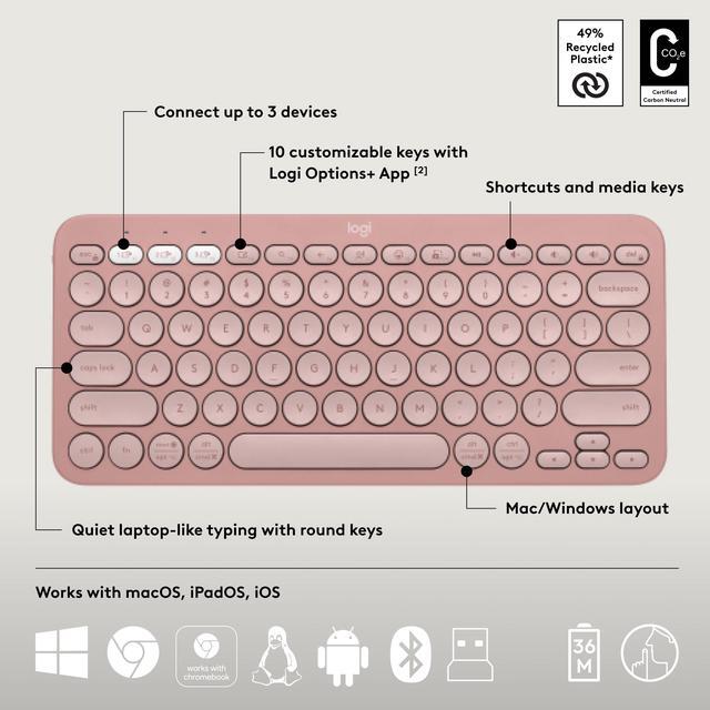 Alt view image 6 of 11 - Logitech Pebble 2 Combo Wireless Quiet Keyboard and Mouse, Customisable, Logi Bolt, Bluetooth, Easy-Switch for Windows, macOS, iPadOS, Chrome - Tonal Rose