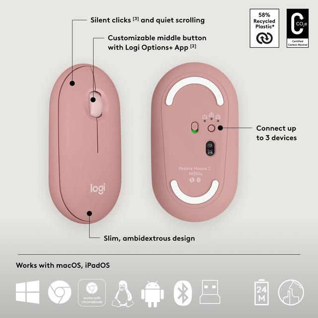 Alt view image 7 of 11 - Logitech Pebble 2 Combo Wireless Quiet Keyboard and Mouse, Customisable, Logi Bolt, Bluetooth, Easy-Switch for Windows, macOS, iPadOS, Chrome - Tonal Rose