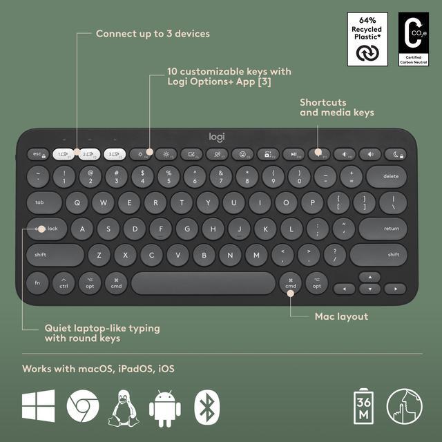 Alt view image 6 of 11 - Logitech Pebble 2 Combo for Mac, Wireless Keyboard and Mouse, Slim, Quiet and Portable, Customizable, Bluetooth Mouse and Keyboard, Easy-Switch, for macOS, iPadOS - Tonal Graphite