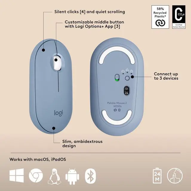Alt view image 8 of 12 - Logitech Pebble 2 Combo for Mac, Wireless Keyboard and Mouse, Slim, Quiet and Portable, Customizable, Bluetooth Mouse and Keyboard, Easy-Switch, for macOS, iPadOS - Tonal Blue
