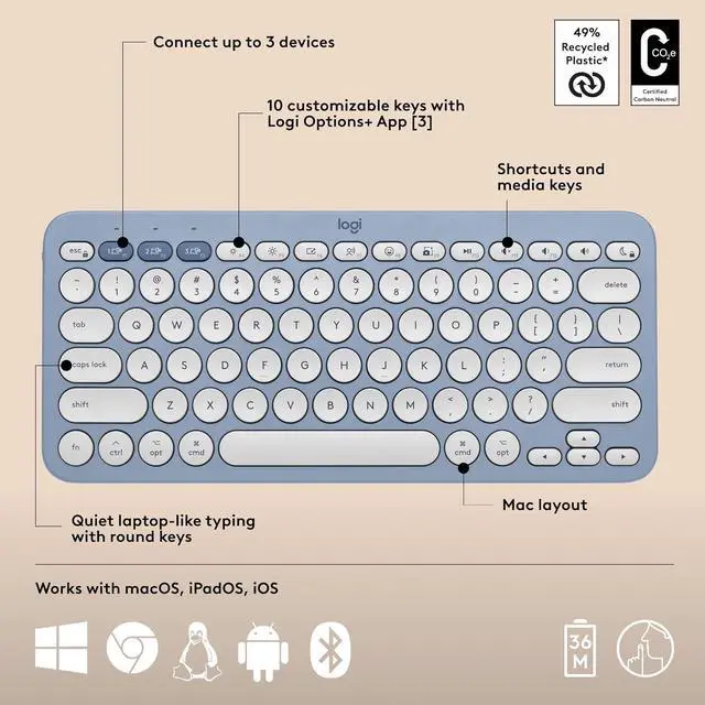 Alt view image 7 of 12 - Logitech Pebble 2 Combo for Mac, Wireless Keyboard and Mouse, Slim, Quiet and Portable, Customizable, Bluetooth Mouse and Keyboard, Easy-Switch, for macOS, iPadOS - Tonal Blue