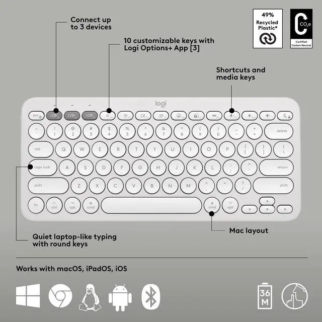 Alt view image 6 of 11 - Logitech Pebble 2 Combo for Mac, Wireless Keyboard and Mouse, Slim, Quiet and Portable, Customizable, Bluetooth Mouse and Keyboard, Easy-Switch, for macOS, iPadOS - Tonal White
